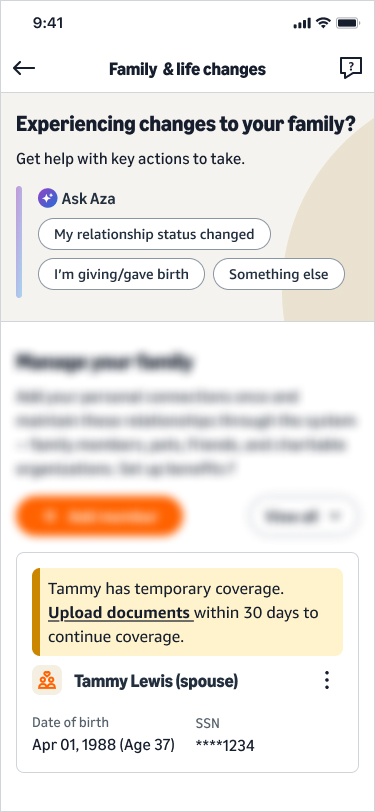 My family page: the same amber note that temporary coverage is on and documents are due within 30 days